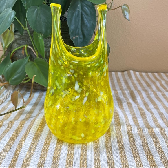 Rare Vintage Hand Blown Glass Paper Bag VaseSigned Yellow Millefoiri